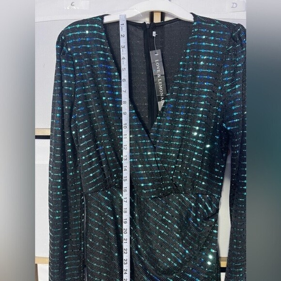 Love & lemonade dark green dress curve Deep V neck wrap sequin long sleeves 1XL - Picture 11 of 13